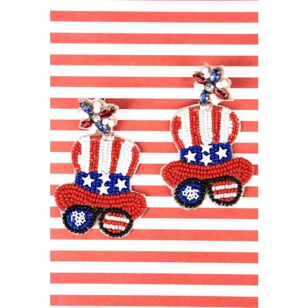 PATRIOTIC HAT AND GLASSES SEED BEAD EARRINGS